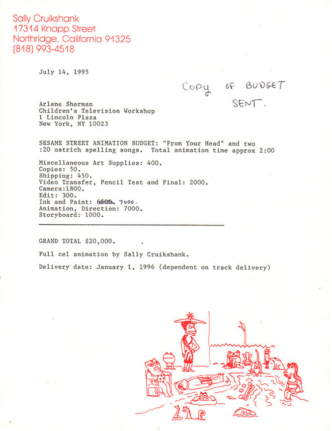 IMAGE: Scan of budget for Sally Cruikshank's Sesame Street work with Arlene Sherman