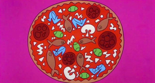 IMAGE: Loverboy pizza still with drawing by Sally Cruikshank
