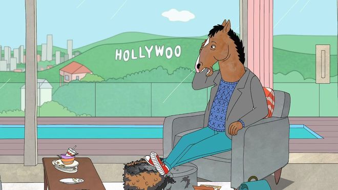 IMAGE: Still from BoJack Horseman featuring Hollywoo sign and burnt ottoman