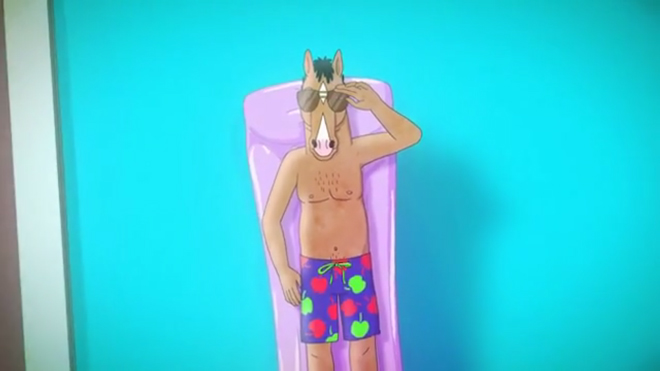 IMAGE: Title sequence still – BoJack in the pool, apples on trunks